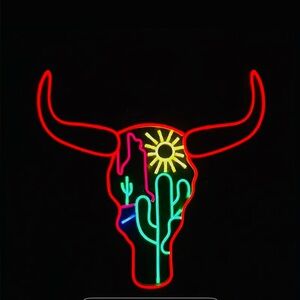 Temu western desert scene monument valley cactus bull skull horns neon light